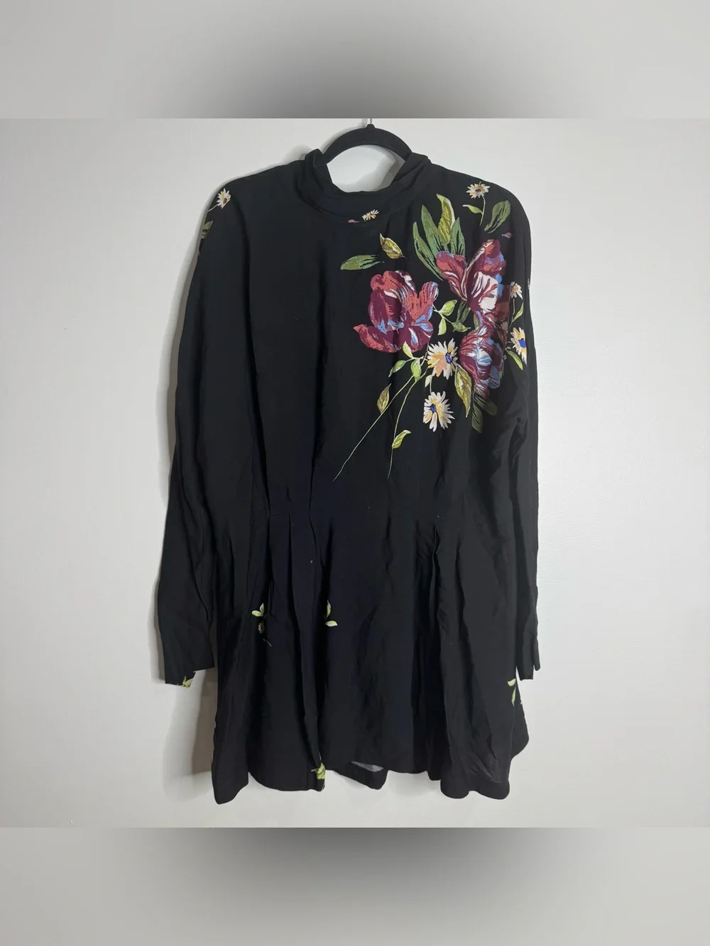 Free People Gemma Tunic Mini Dress Black Floral High Neck Open Back Tie Large